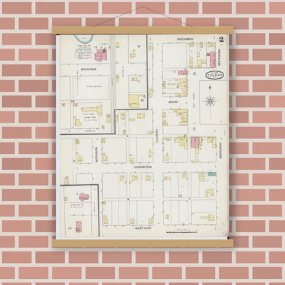 Old map wall art mockup — magnetic wood frame on brick wall — Sanborn Fire Insurance Map from Toledo, Cumberland County, Illinois (1893), Sheet #0002