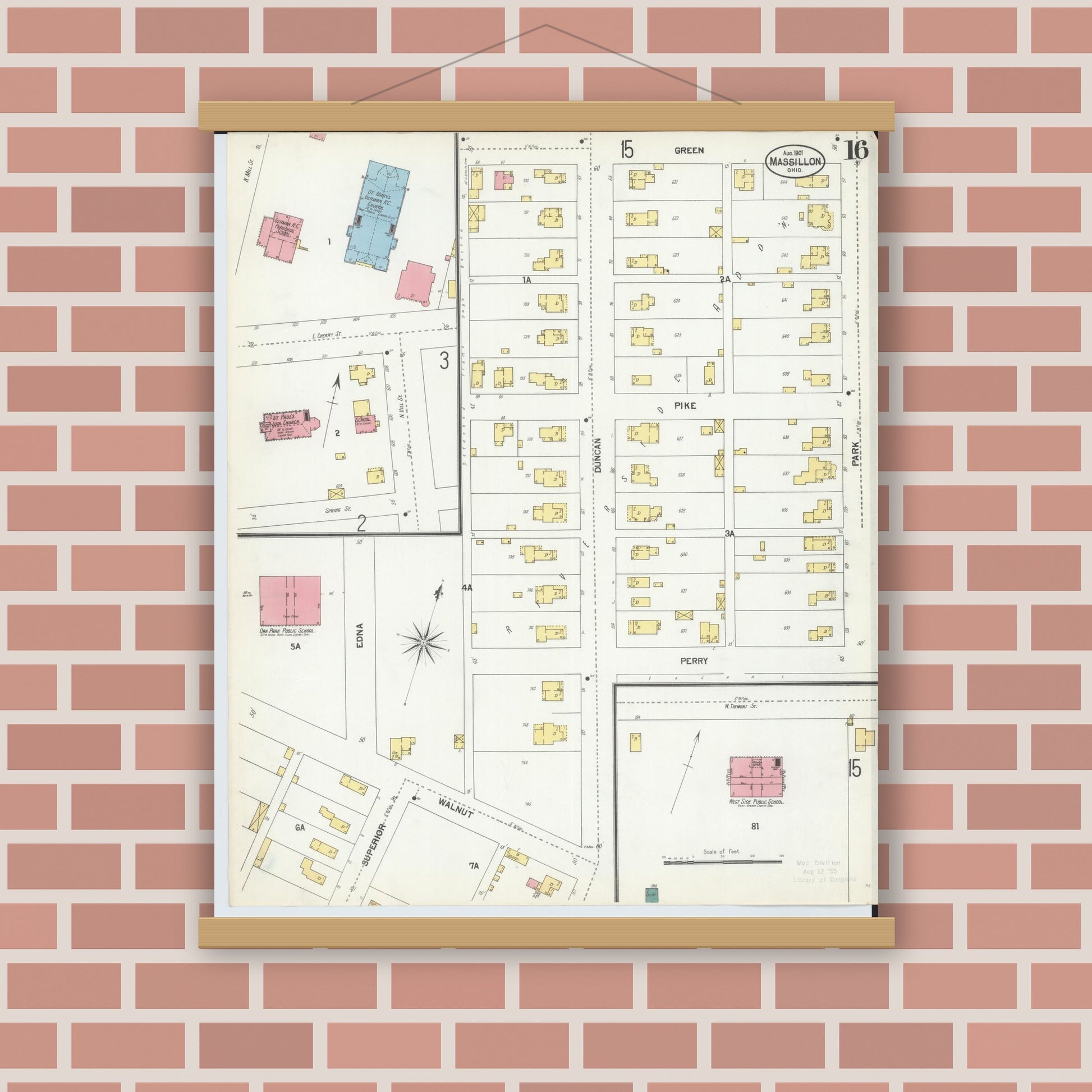 Old map wall art mockup — magnetic wood frame on brick wall — Sanborn Fire Insurance Map from Massillon, Stark County, Ohio (1901), Sheet #0016