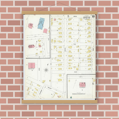 Old map wall art mockup — magnetic wood frame on brick wall — Sanborn Fire Insurance Map from Massillon, Stark County, Ohio (1901), Sheet #0016