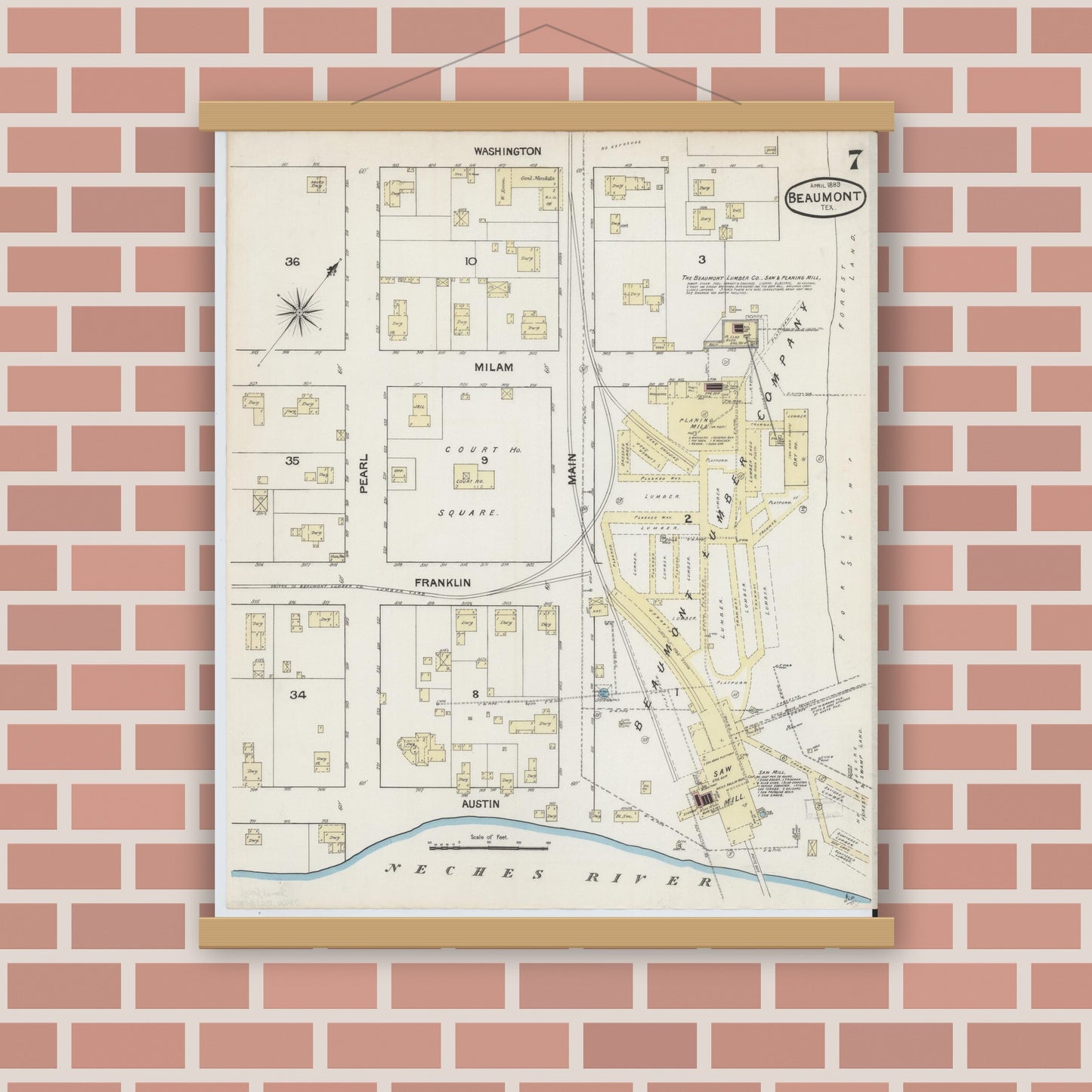 Old map wall art mockup — magnetic wood frame on brick wall — Sanborn Fire Insurance Map from Beaumont, Jefferson County, Texas (1889), Sheet #0007