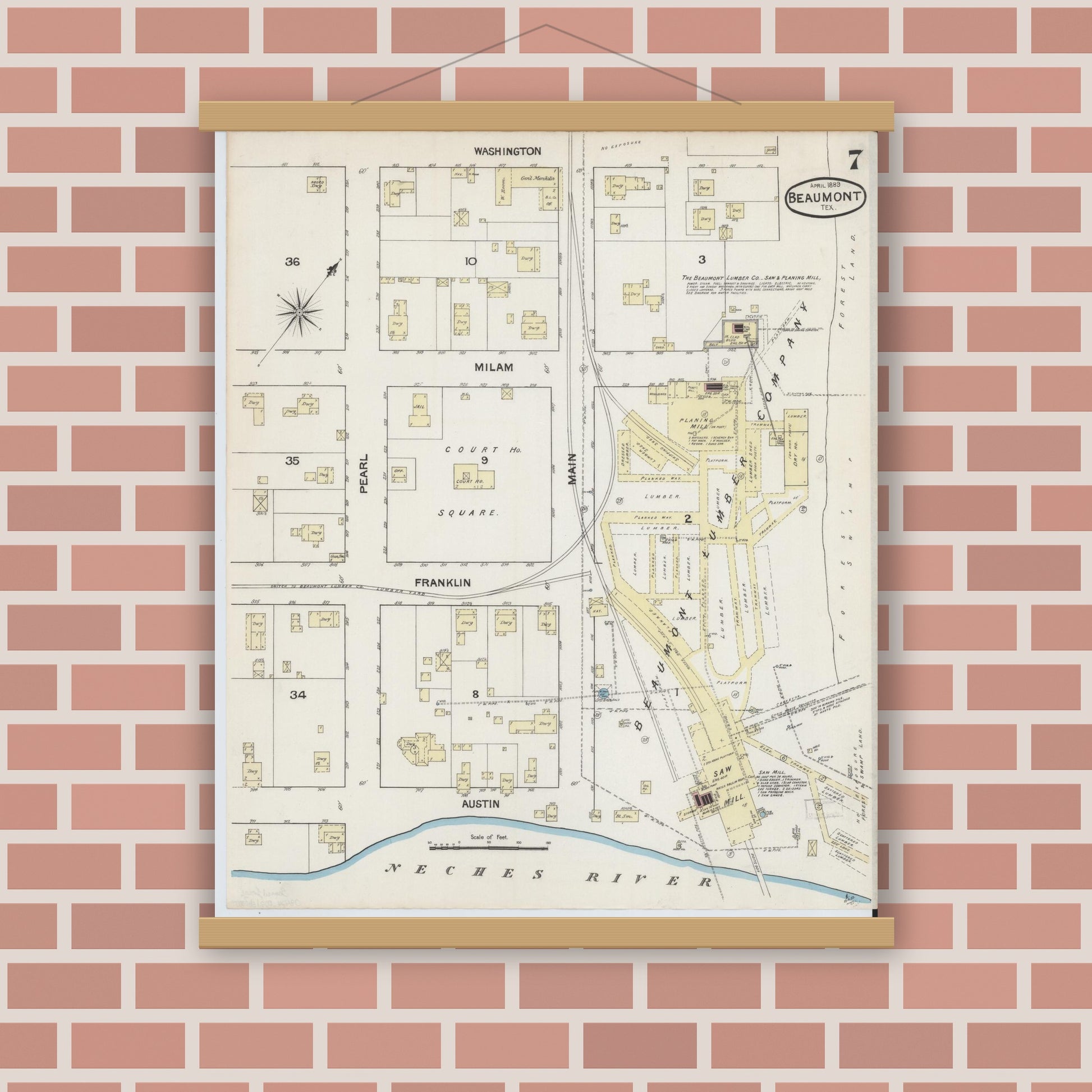 Old map wall art mockup — magnetic wood frame on brick wall — Sanborn Fire Insurance Map from Beaumont, Jefferson County, Texas (1889), Sheet #0007