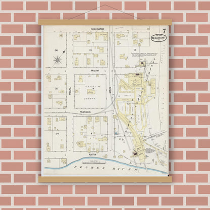 Old map wall art mockup — magnetic wood frame on brick wall — Sanborn Fire Insurance Map from Beaumont, Jefferson County, Texas (1889), Sheet #0007