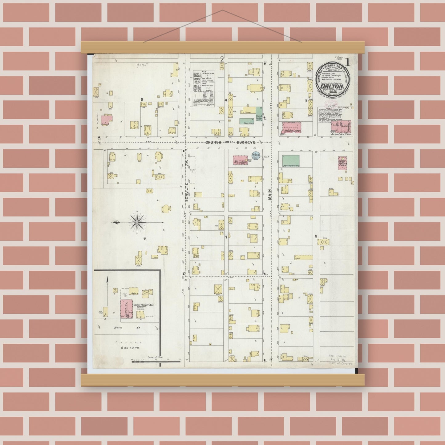 Old map wall art mockup — magnetic wood frame on brick wall — Sanborn Fire Insurance Map from Dalton, Wayne County, Ohio (1896) - Complete Map Set