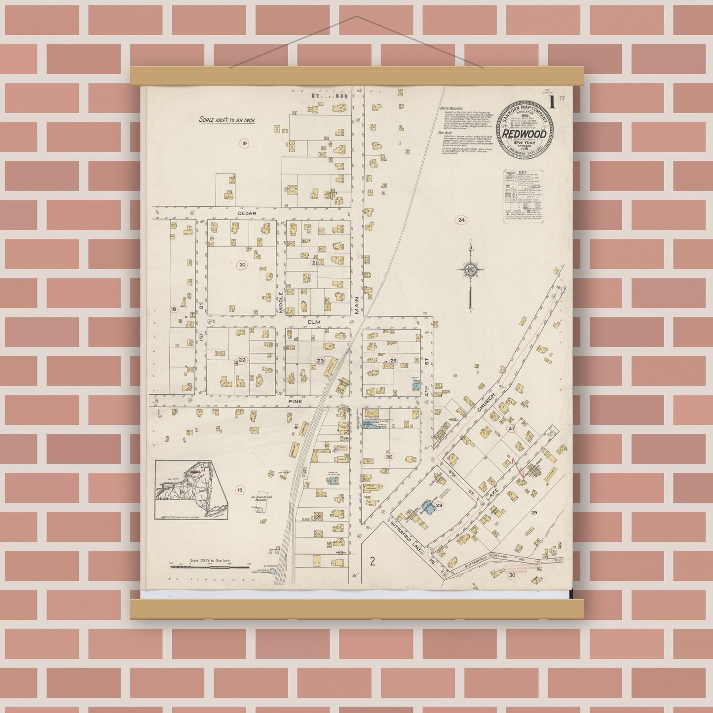 Old map wall art mockup — magnetic wood frame on brick wall — Sanborn Fire Insurance Map from Redwood, Jefferson County, New York (1915) - Complete Map Set