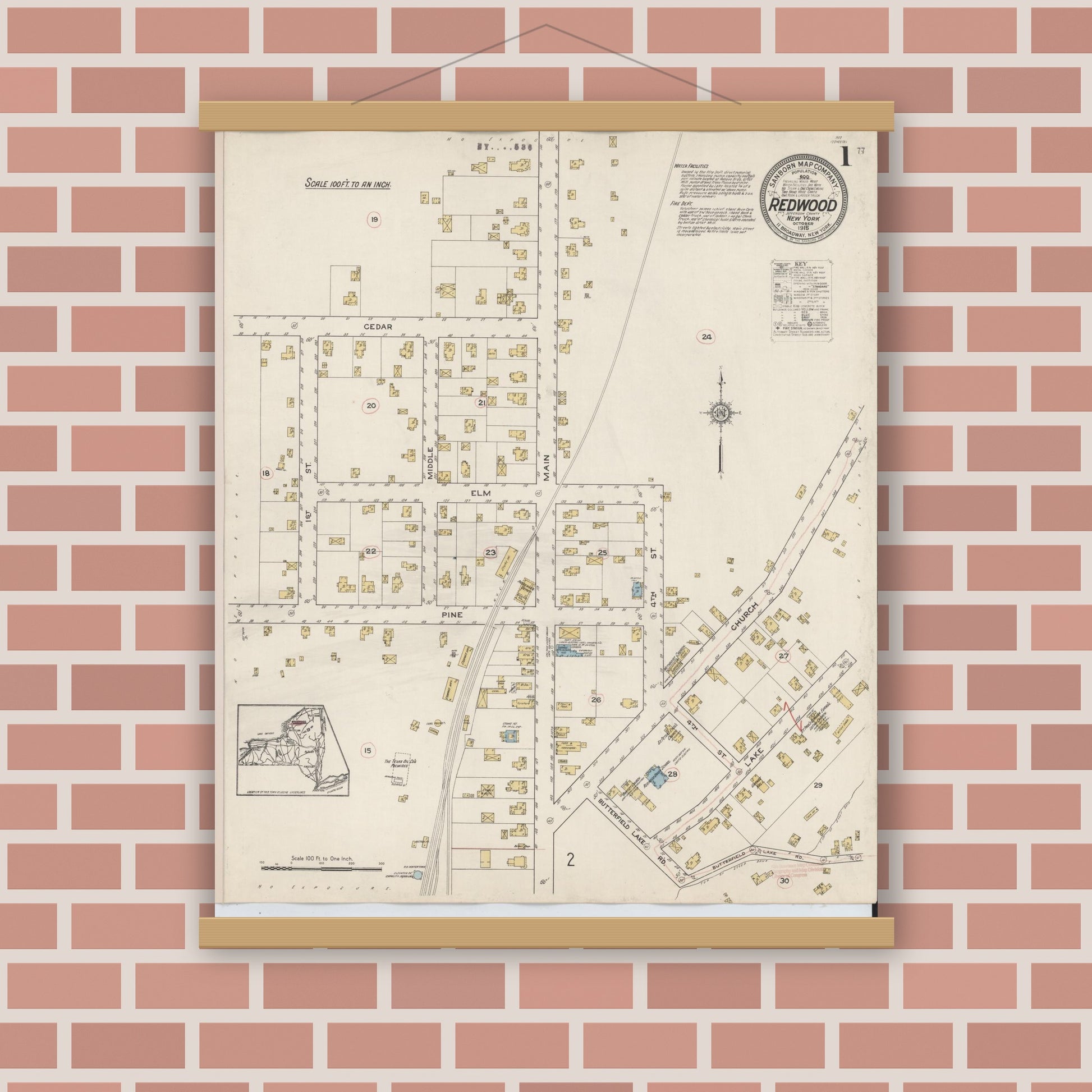 Old map wall art mockup — magnetic wood frame on brick wall — Sanborn Fire Insurance Map from Redwood, Jefferson County, New York (1915) - Complete Map Set