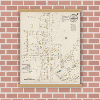 Old map wall art mockup — magnetic wood frame on brick wall — Sanborn Fire Insurance Map from Redwood, Jefferson County, New York (1915) - Complete Map Set