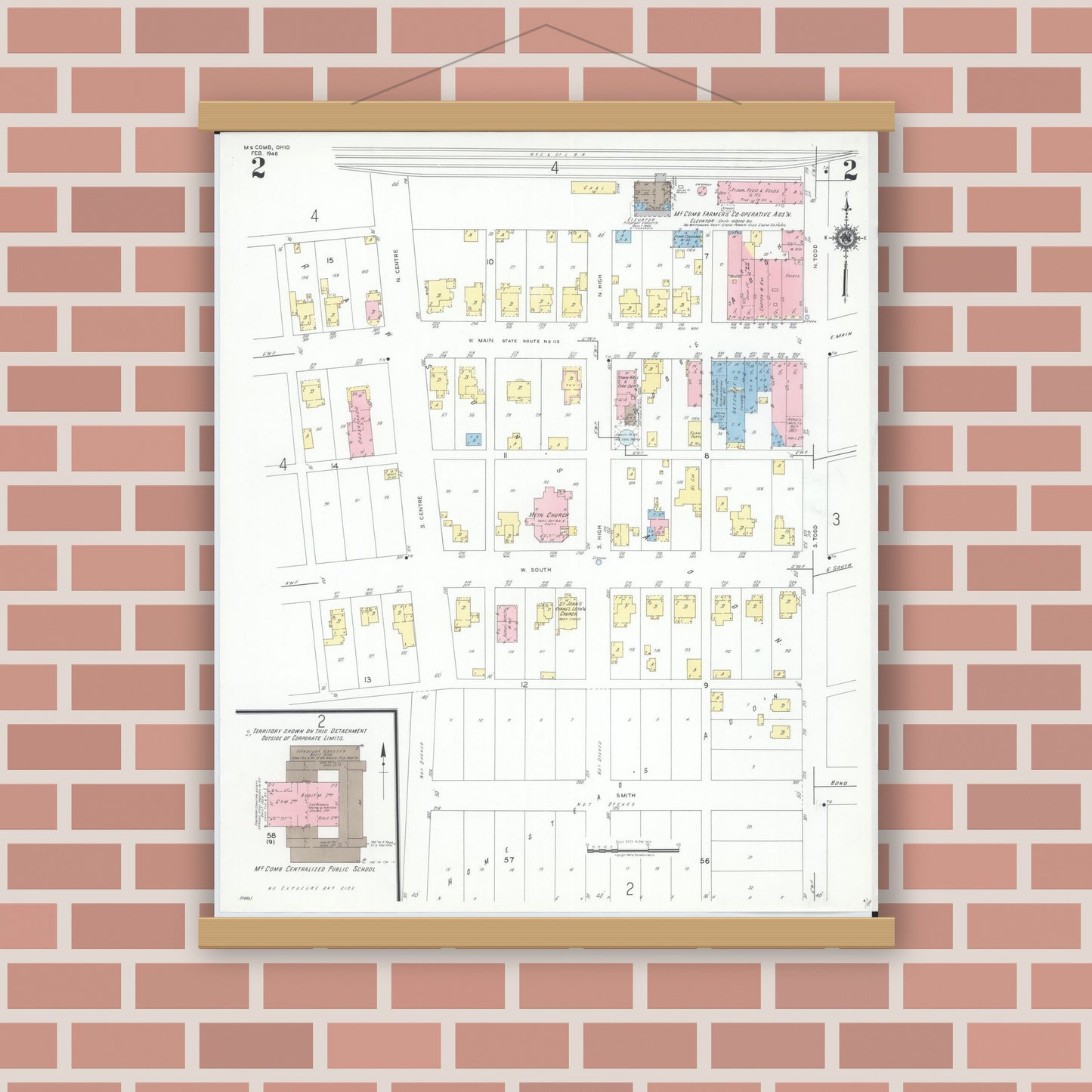 Old map wall art mockup — magnetic wood frame on brick wall — Sanborn Fire Insurance Map from McComb, Hancock County, Ohio (1946), Sheet #0002