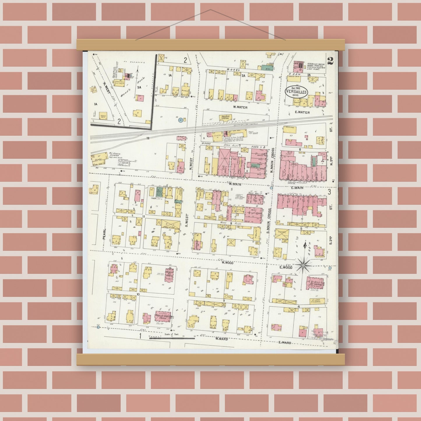 Old map wall art mockup — magnetic wood frame on brick wall — Sanborn Fire Insurance Map from Versailles, Darke County, Ohio (1902), Sheet #0002
