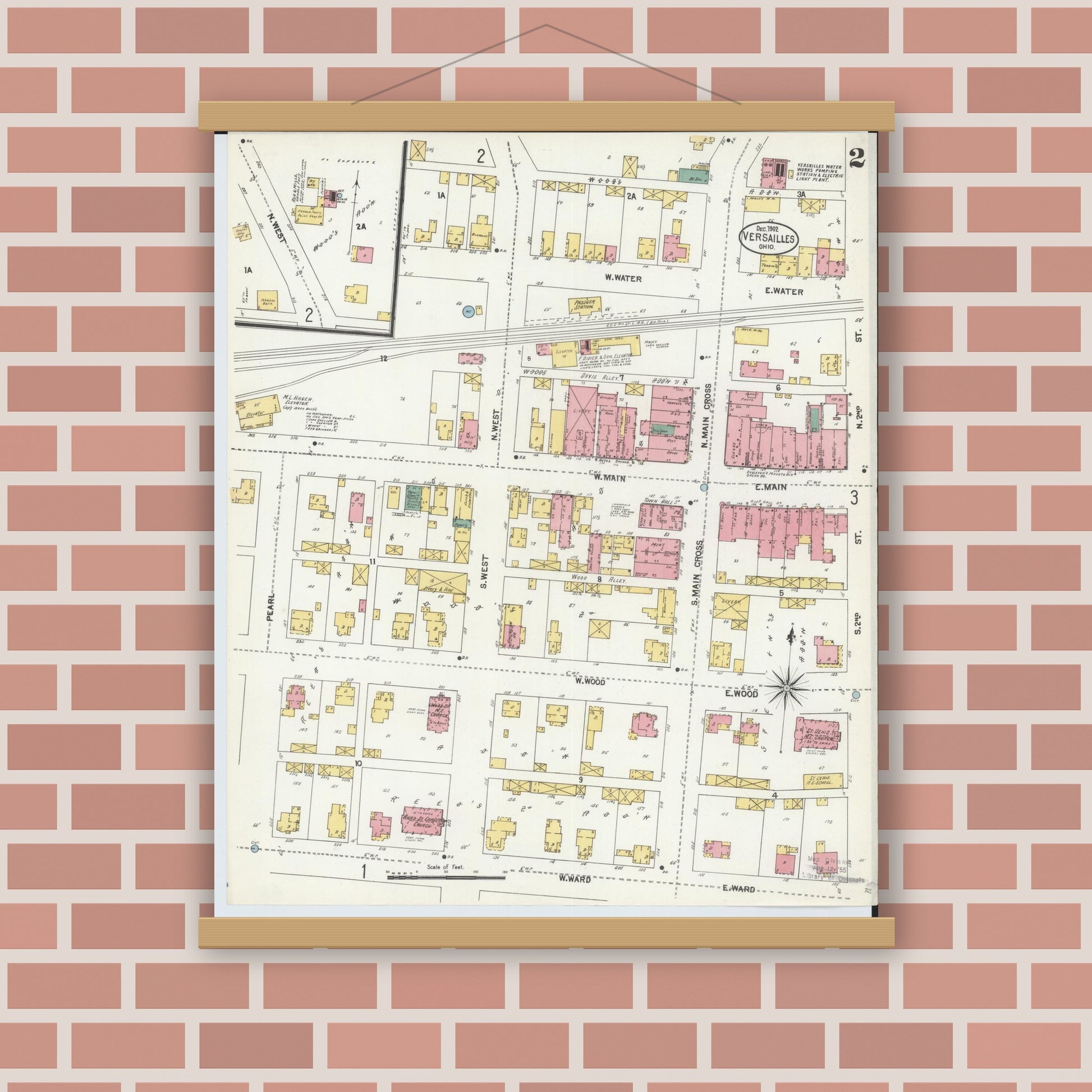 Old map wall art mockup — magnetic wood frame on brick wall — Sanborn Fire Insurance Map from Versailles, Darke County, Ohio (1902), Sheet #0002