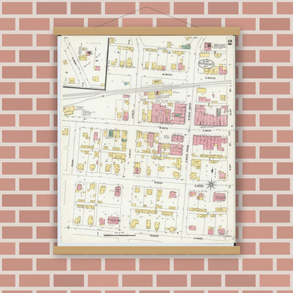 Old map wall art mockup — magnetic wood frame on brick wall — Sanborn Fire Insurance Map from Versailles, Darke County, Ohio (1902), Sheet #0002