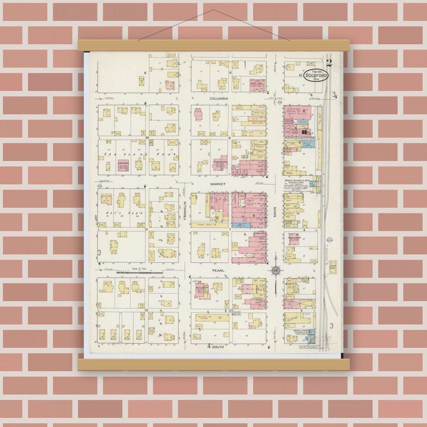 Old map wall art mockup — magnetic wood frame on brick wall — Sanborn Fire Insurance Map from Rockford, Mercer County, Ohio (1915), Sheet #0002