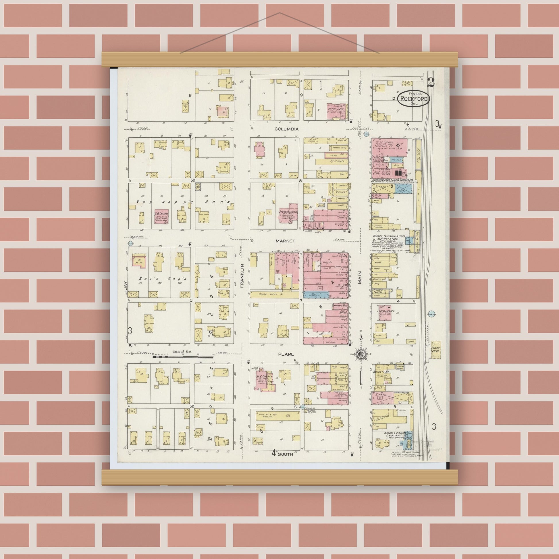 Old map wall art mockup — magnetic wood frame on brick wall — Sanborn Fire Insurance Map from Rockford, Mercer County, Ohio (1915), Sheet #0002