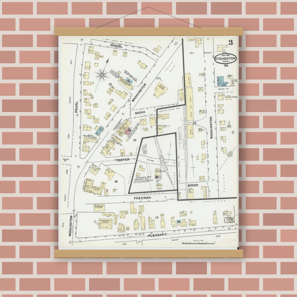 Old map wall art mockup — magnetic wood frame on brick wall — Sanborn Fire Insurance Map from Stoughton, Norfolk County, Massachusetts (1891), Sheet #0003