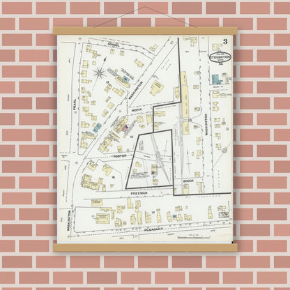 Old map wall art mockup — magnetic wood frame on brick wall — Sanborn Fire Insurance Map from Stoughton, Norfolk County, Massachusetts (1891), Sheet #0003