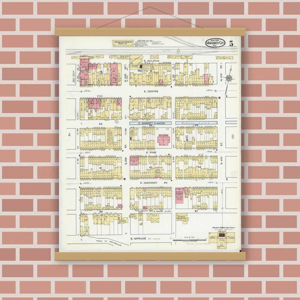 Old map wall art mockup — magnetic wood frame on brick wall — Sanborn Fire Insurance Map from Mahanoy City, Schuylkill County, Pennsylvania (1920), Sheet #0005
