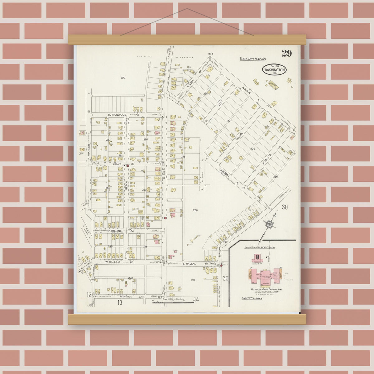 Old map wall art mockup — magnetic wood frame on brick wall — Sanborn Fire Insurance Map from Washington, Washington County, Pennsylvania (1914), Sheet #0029