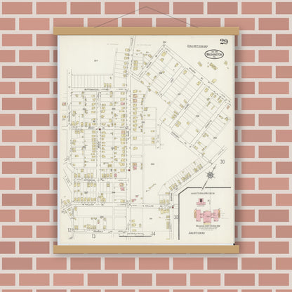 Old map wall art mockup — magnetic wood frame on brick wall — Sanborn Fire Insurance Map from Washington, Washington County, Pennsylvania (1914), Sheet #0029
