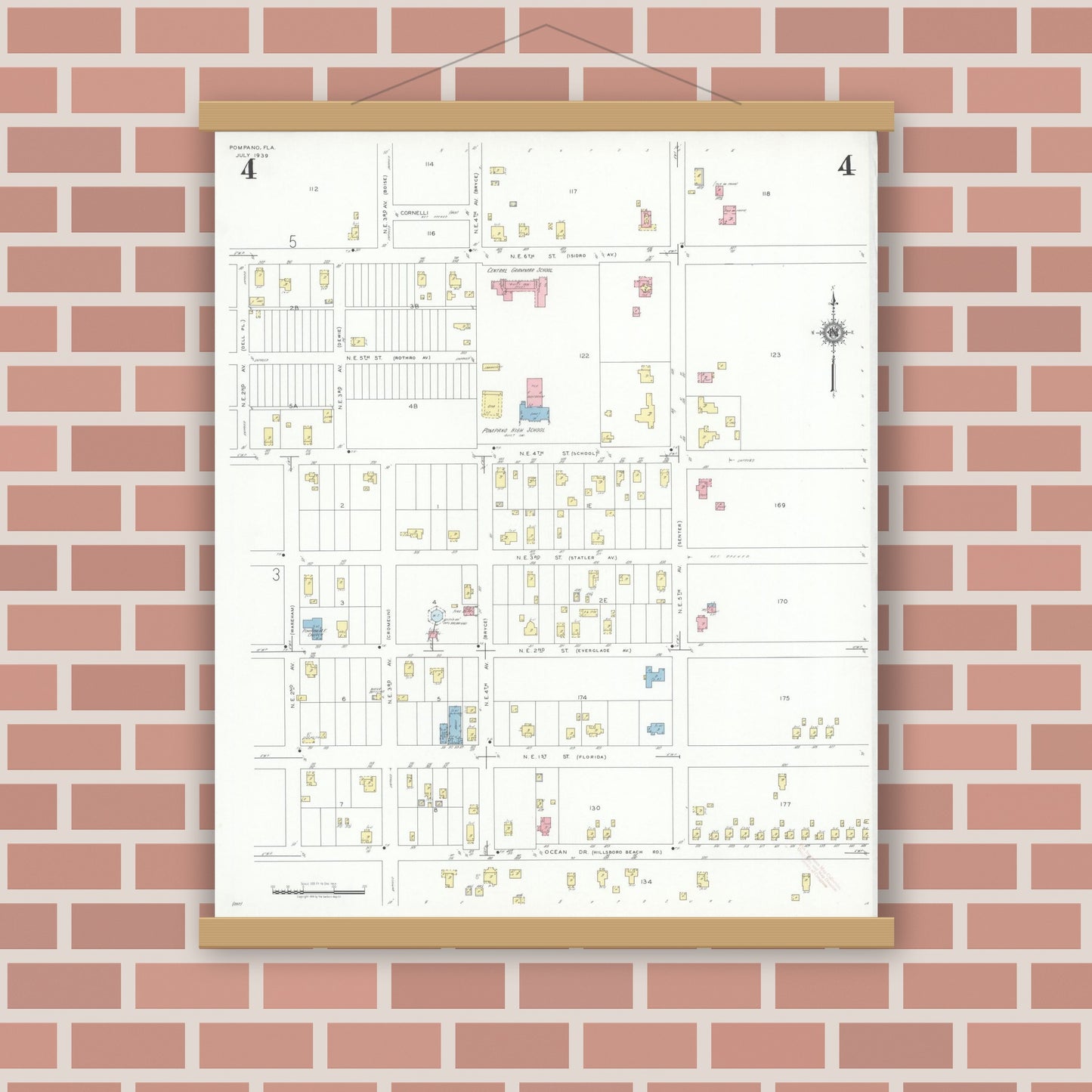 Old map wall art mockup — magnetic wood frame on brick wall — Sanborn Fire Insurance Map from Pompano, Broward County, Florida (1939), Sheet #0004