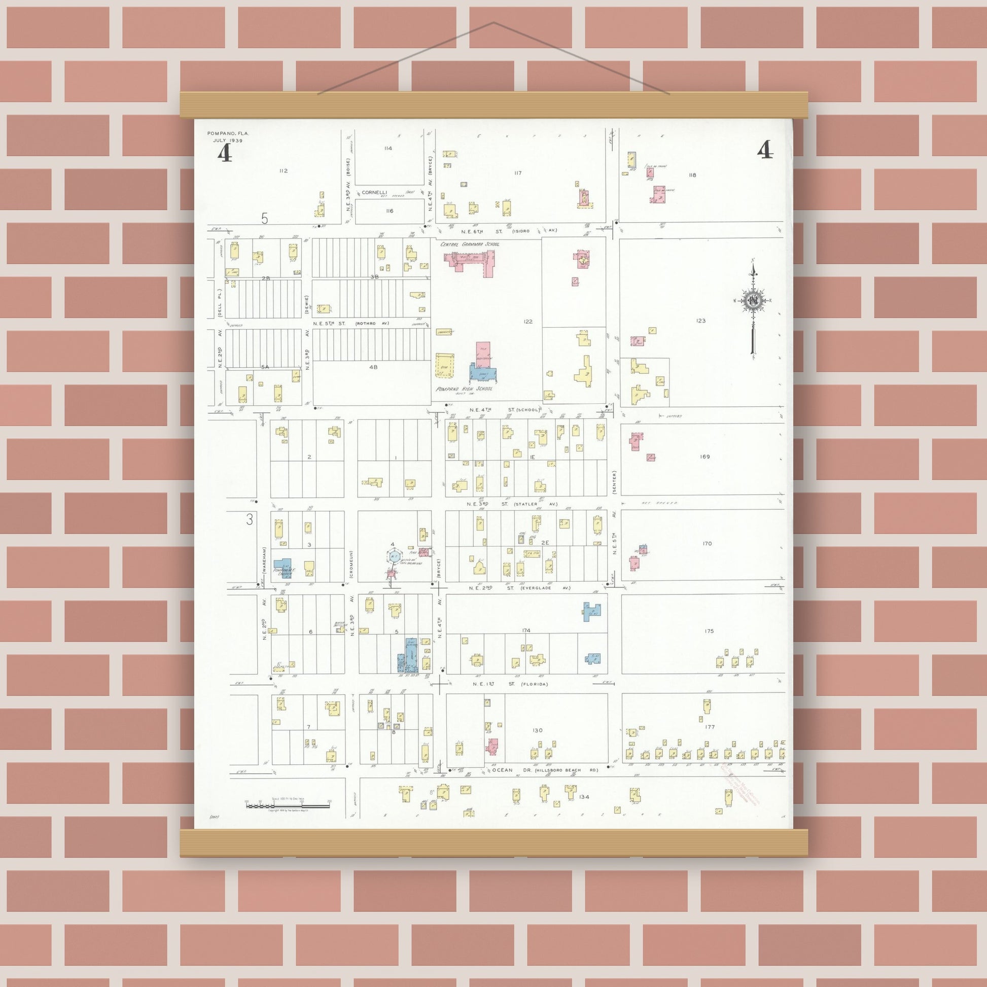 Old map wall art mockup — magnetic wood frame on brick wall — Sanborn Fire Insurance Map from Pompano, Broward County, Florida (1939), Sheet #0004