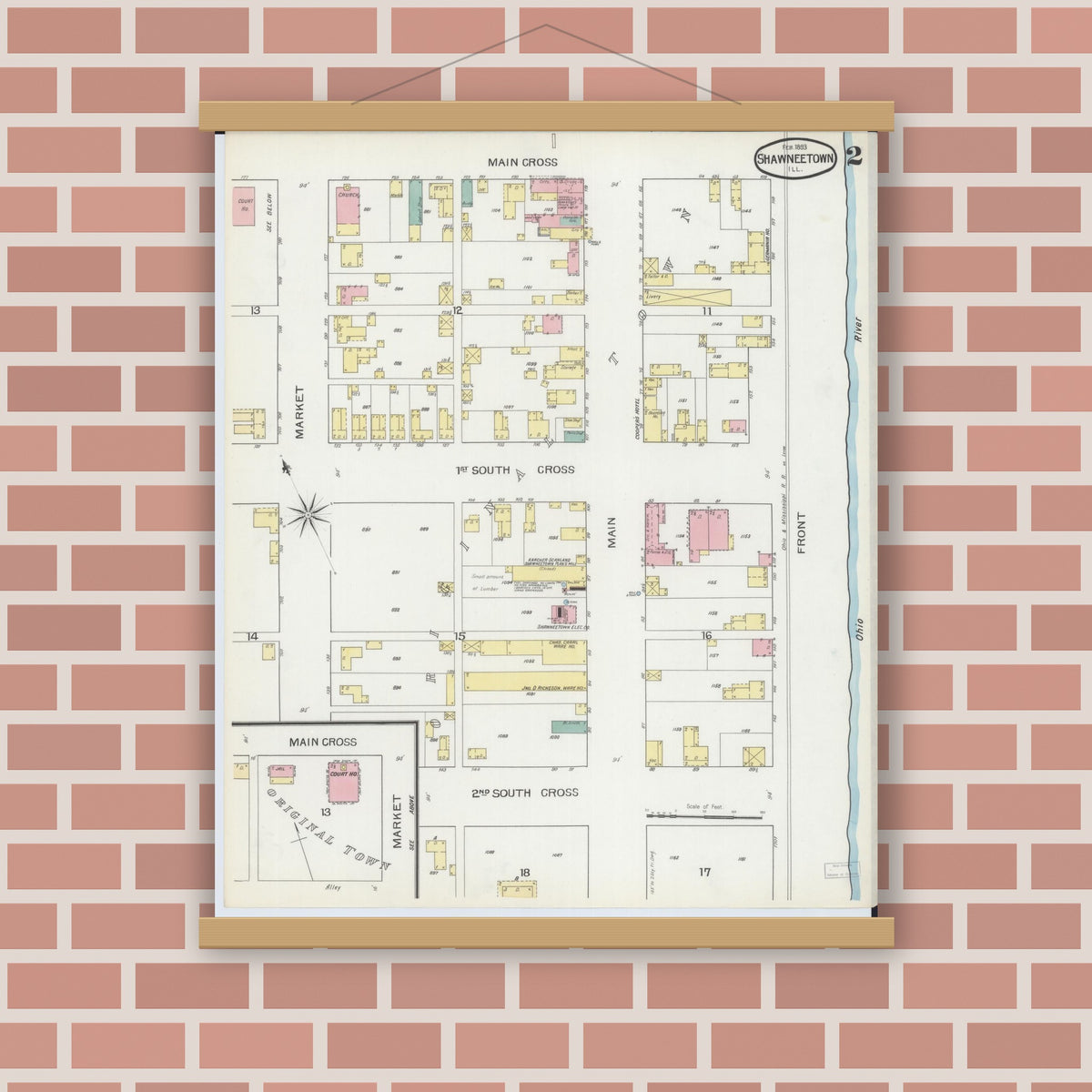 Old map wall art mockup — magnetic wood frame on brick wall — Sanborn Fire Insurance Map from Shawneetown, Gallatin County, Illinois (1893), Sheet #0002