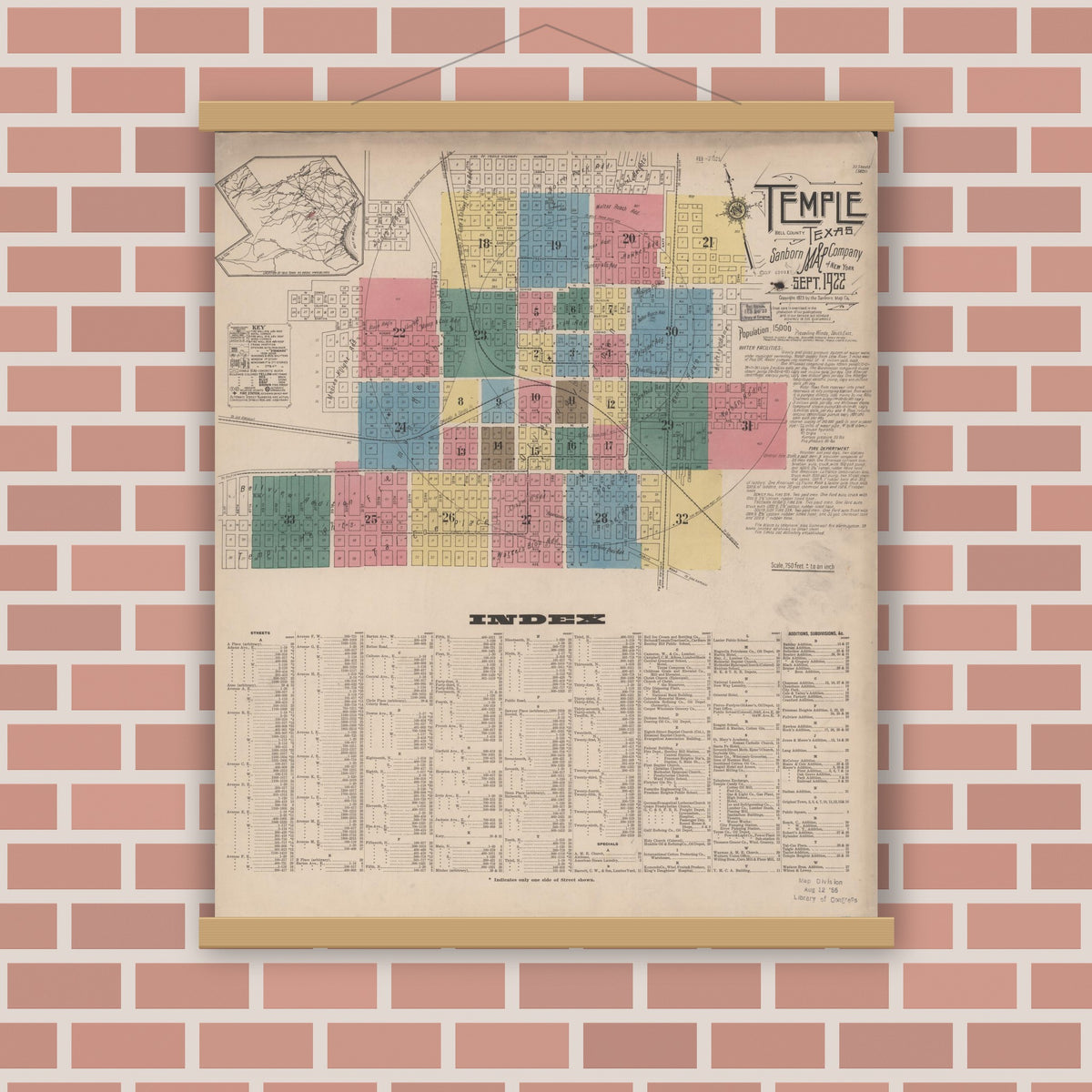 Old map wall art mockup — magnetic wood frame on brick wall — Sanborn Fire Insurance Map from Temple, Bell County, Texas (1922), Sheet #0001