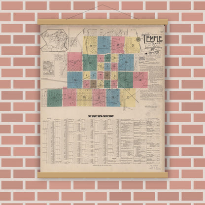 Old map wall art mockup — magnetic wood frame on brick wall — Sanborn Fire Insurance Map from Temple, Bell County, Texas (1922), Sheet #0001