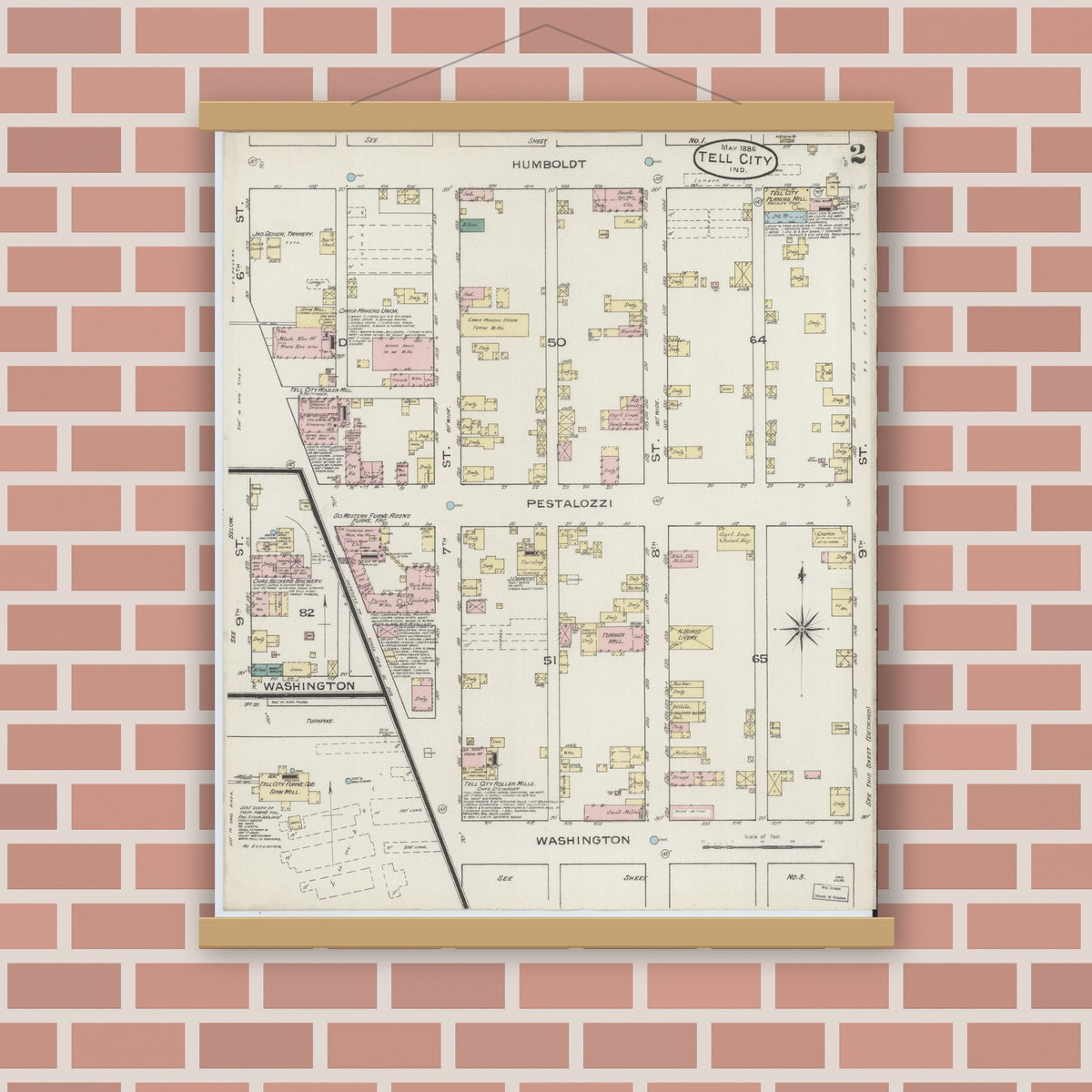 Old map wall art mockup — magnetic wood frame on brick wall — Sanborn Fire Insurance Map from Tell City, Perry County, Indiana (1886), Sheet #0002