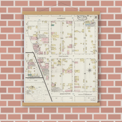 Old map wall art mockup — magnetic wood frame on brick wall — Sanborn Fire Insurance Map from Tell City, Perry County, Indiana (1886), Sheet #0002