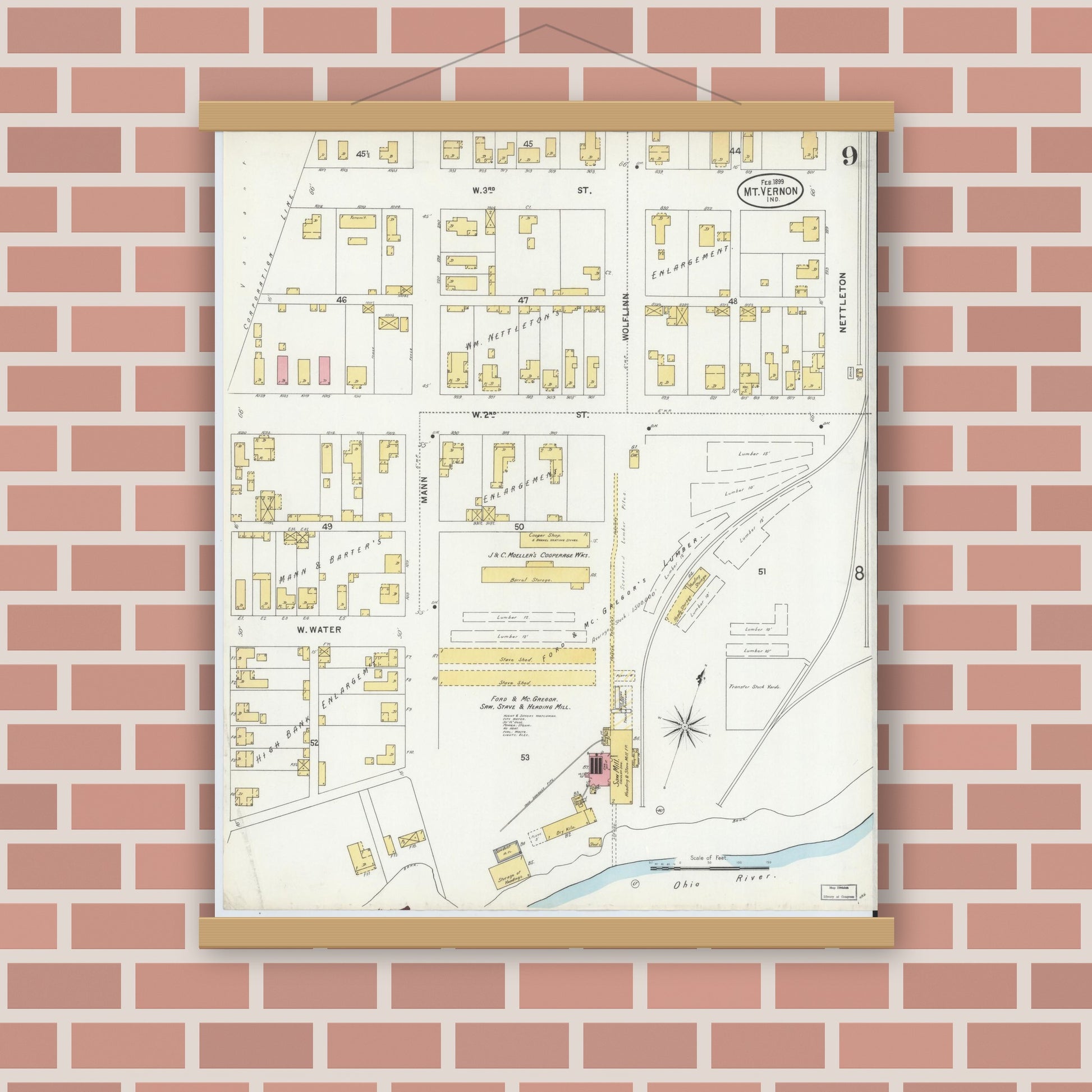 Old map wall art mockup — magnetic wood frame on brick wall — Sanborn Fire Insurance Map from Mount Vernon, Posey County, Indiana (1899), Sheet #0009