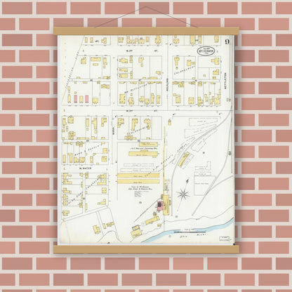Old map wall art mockup — magnetic wood frame on brick wall — Sanborn Fire Insurance Map from Mount Vernon, Posey County, Indiana (1899), Sheet #0009