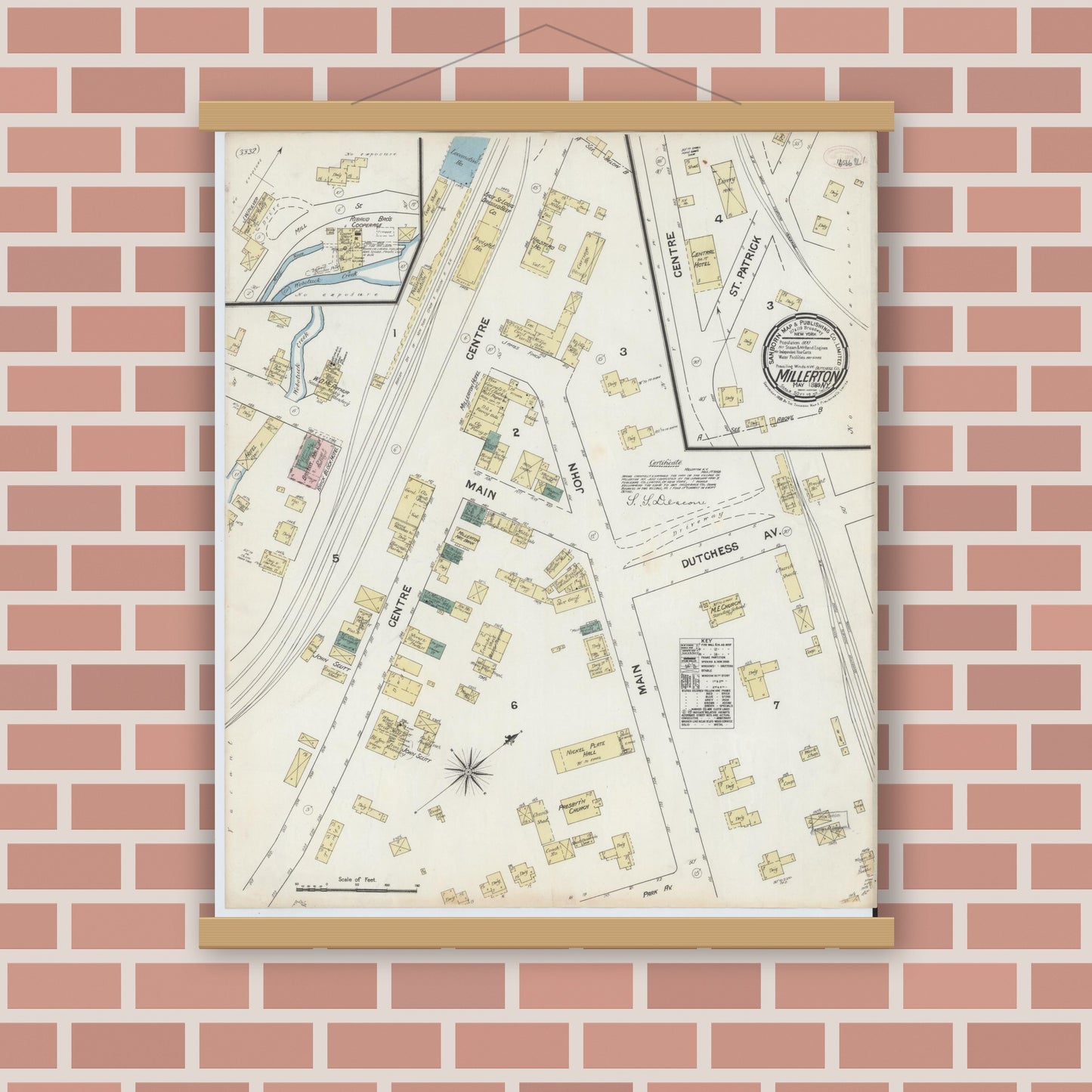 Old map wall art mockup — magnetic wood frame on brick wall — Sanborn Fire Insurance Map from Millerton, Dutchess County, New York (1889), Sheet #0001