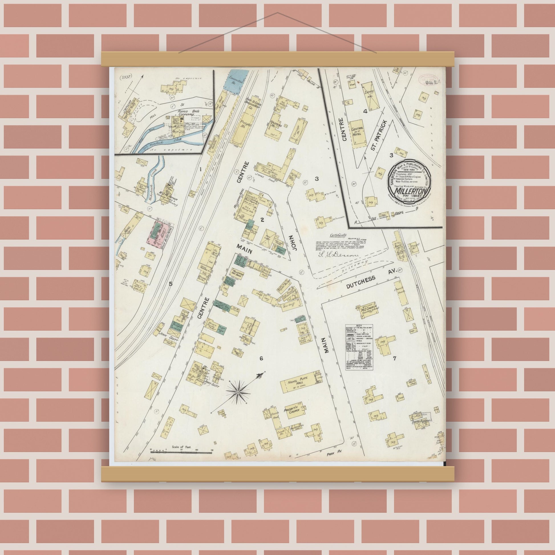Old map wall art mockup — magnetic wood frame on brick wall — Sanborn Fire Insurance Map from Millerton, Dutchess County, New York (1889), Sheet #0001