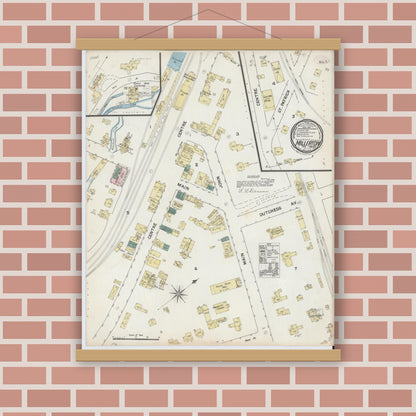 Old map wall art mockup — magnetic wood frame on brick wall — Sanborn Fire Insurance Map from Millerton, Dutchess County, New York (1889), Sheet #0001