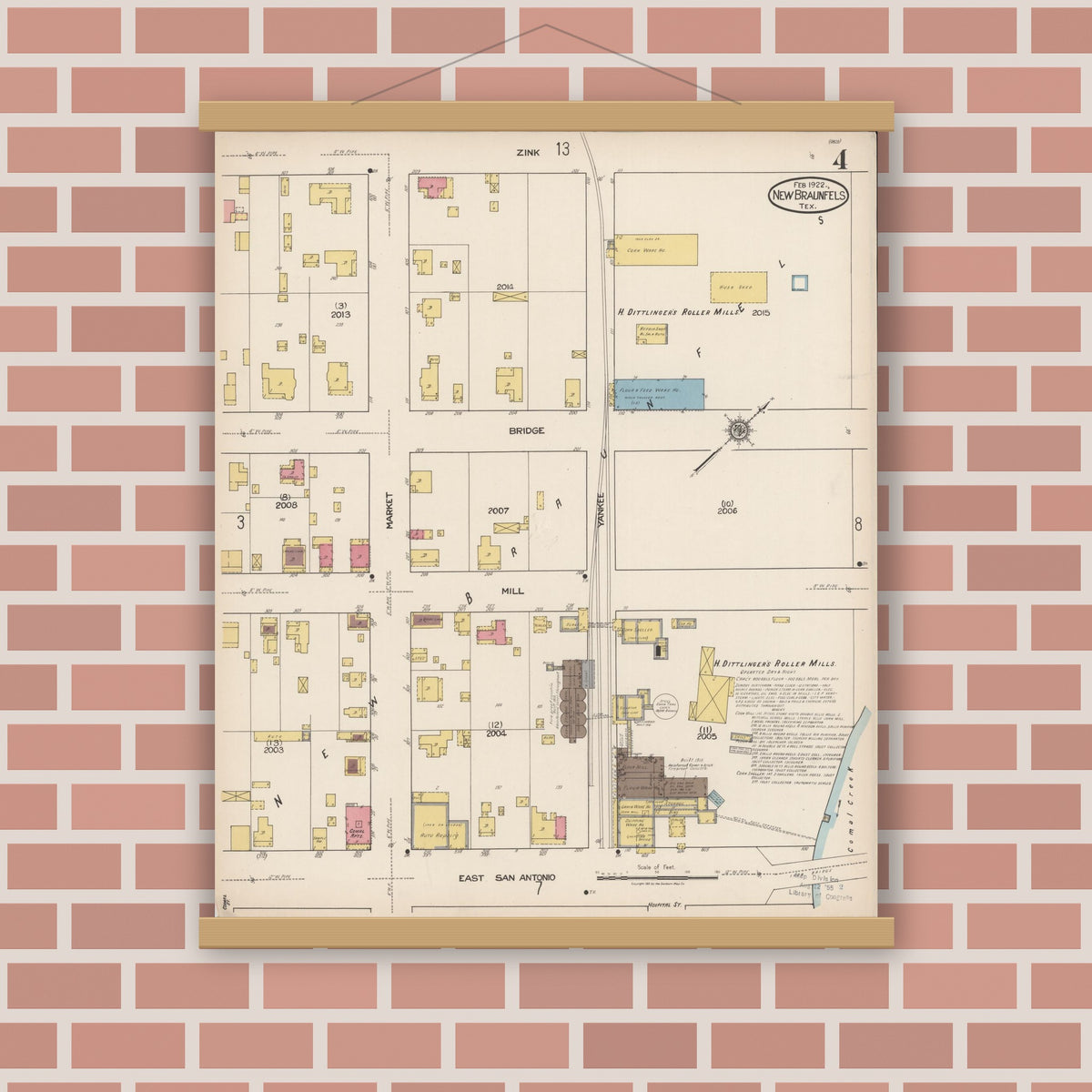 Old map wall art mockup — magnetic wood frame on brick wall — Sanborn Fire Insurance Map from New Braunfels, Comal County, Texas (1922), Sheet #0004