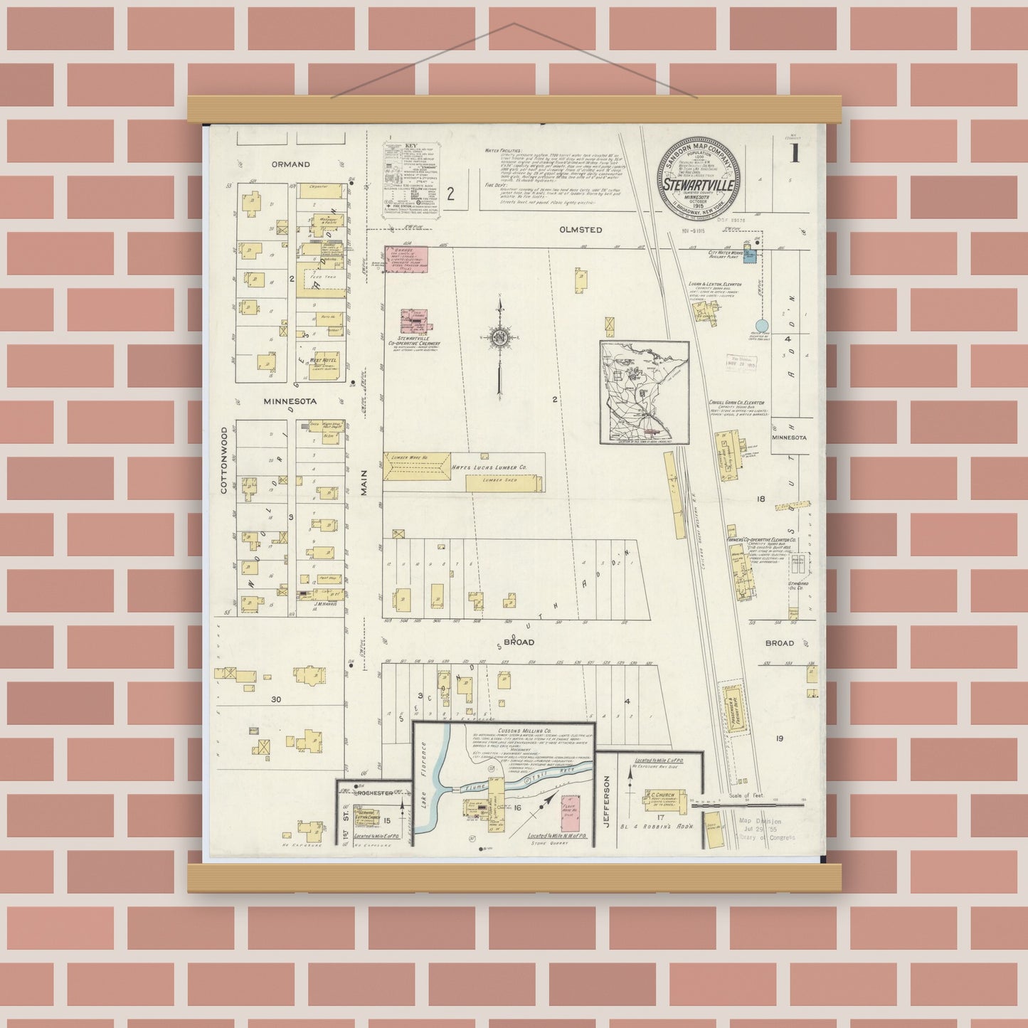 Old map wall art mockup — magnetic wood frame on brick wall — Sanborn Fire Insurance Map from Stewartville, Olmsted County, Minnesota (1915) - Complete Map Set