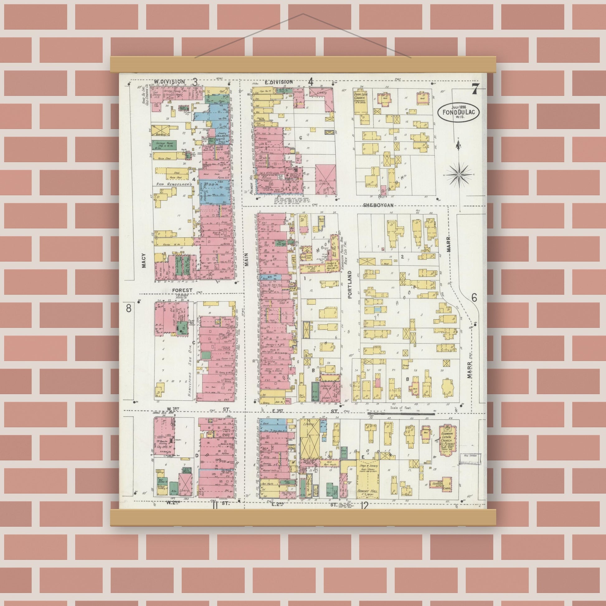 Old map wall art mockup — magnetic wood frame on brick wall — Sanborn Fire Insurance Map from Fond du Lac, Fond du Lac County, Wisconsin (1898), Sheet #0007