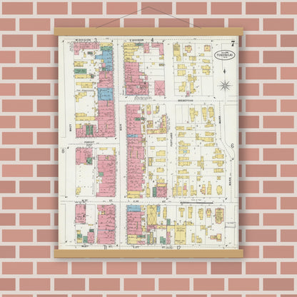Old map wall art mockup — magnetic wood frame on brick wall — Sanborn Fire Insurance Map from Fond du Lac, Fond du Lac County, Wisconsin (1898), Sheet #0007