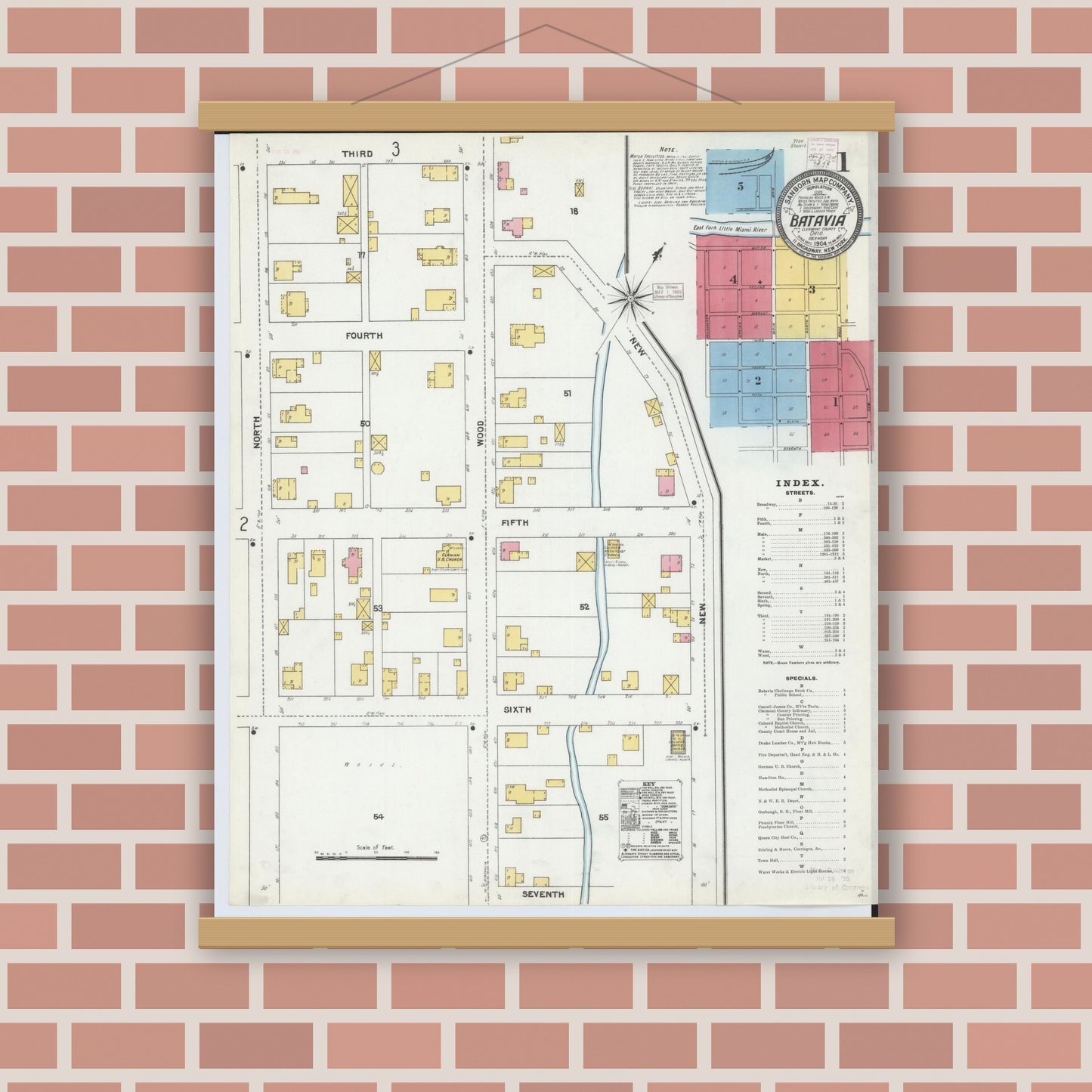Old map wall art mockup — magnetic wood frame on brick wall — Sanborn Fire Insurance Map from Batavia, Clermont County, Ohio (1904) - Complete Map Set