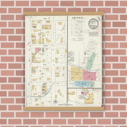 Old map wall art mockup — magnetic wood frame on brick wall — Sanborn Fire Insurance Map from Neillsville, Clark County, Wisconsin (1897), Sheet #0001