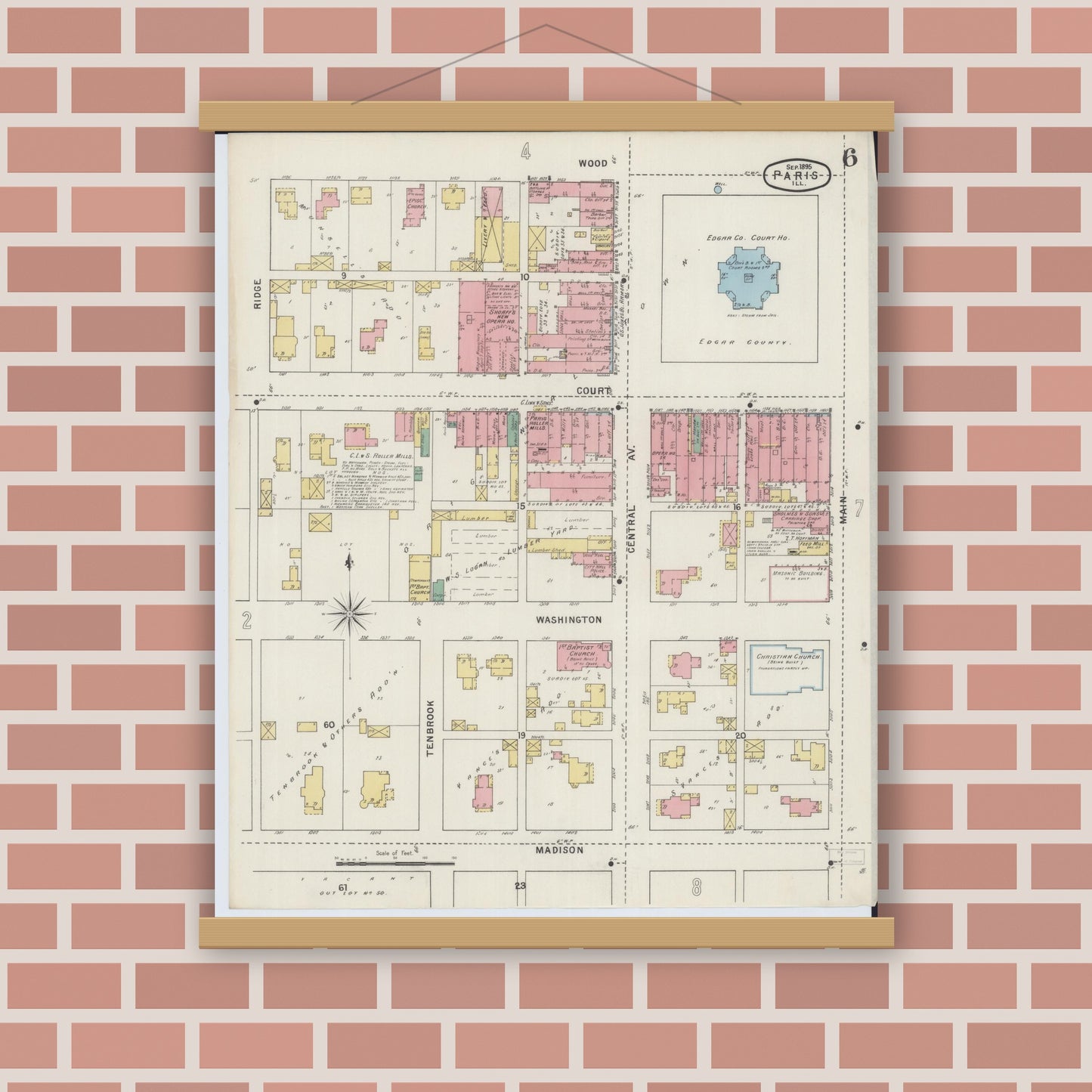 Old map wall art mockup — magnetic wood frame on brick wall — Sanborn Fire Insurance Map from Paris, Edgar County, Illinois (1895), Sheet #0006