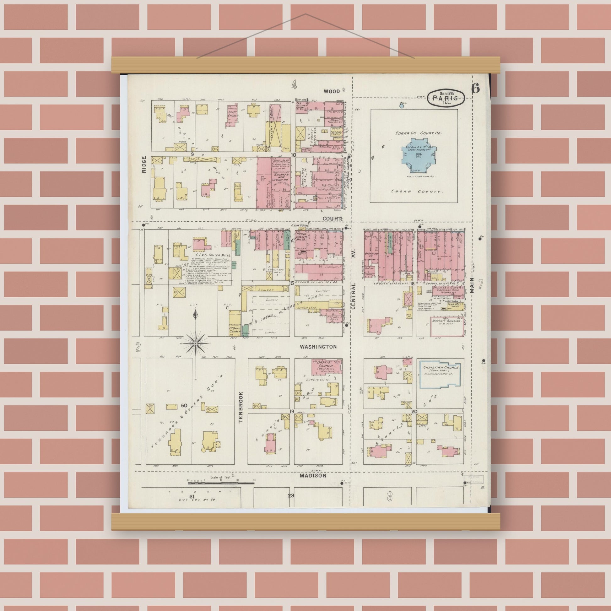 Old map wall art mockup — magnetic wood frame on brick wall — Sanborn Fire Insurance Map from Paris, Edgar County, Illinois (1895), Sheet #0006