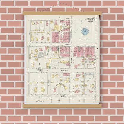 Old map wall art mockup — magnetic wood frame on brick wall — Sanborn Fire Insurance Map from Paris, Edgar County, Illinois (1895), Sheet #0006