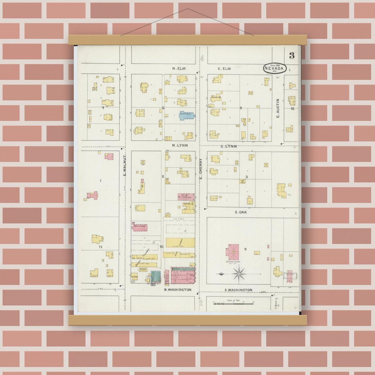 Old map wall art mockup — magnetic wood frame on brick wall — Sanborn Fire Insurance Map from Nevada, Vernon County, Missouri (1894), Sheet #0003