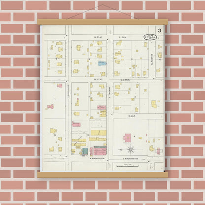 Old map wall art mockup — magnetic wood frame on brick wall — Sanborn Fire Insurance Map from Nevada, Vernon County, Missouri (1894), Sheet #0003