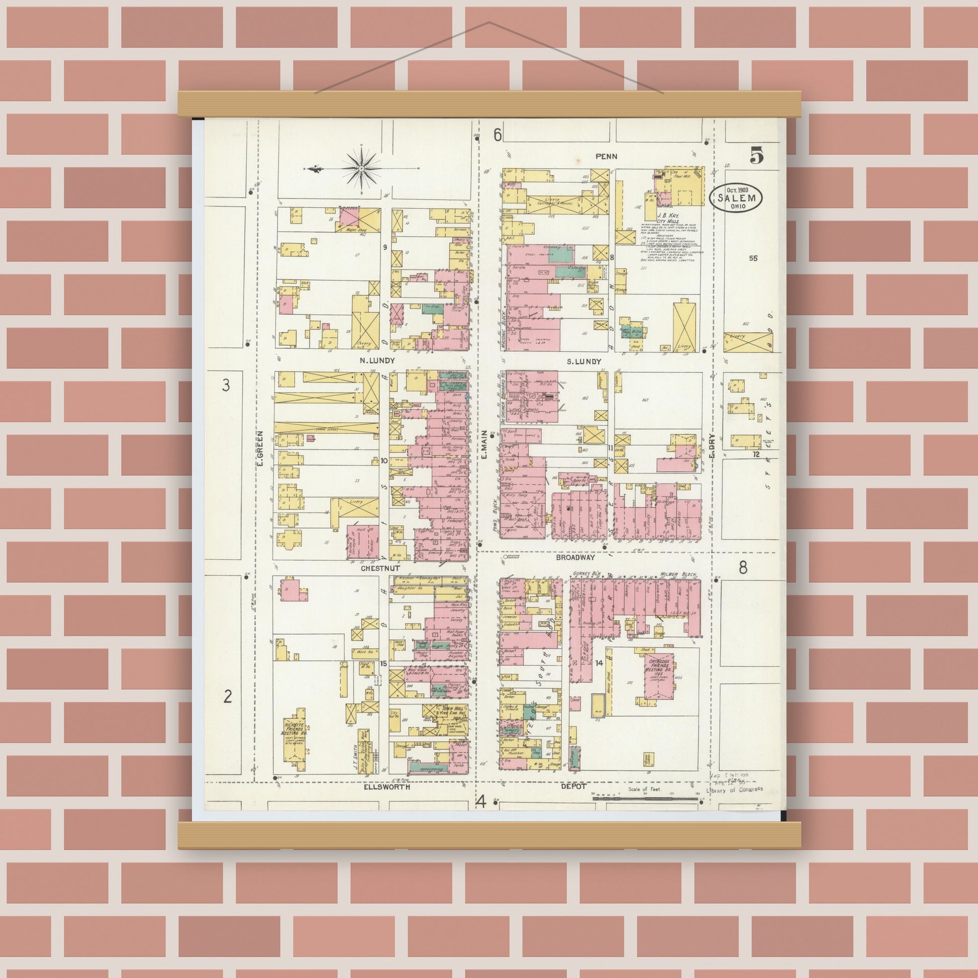 Old map wall art mockup — magnetic wood frame on brick wall — Sanborn Fire Insurance Map from Salem, Columbiana County, Ohio (1903), Sheet #0005