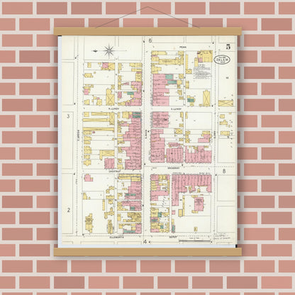 Old map wall art mockup — magnetic wood frame on brick wall — Sanborn Fire Insurance Map from Salem, Columbiana County, Ohio (1903), Sheet #0005
