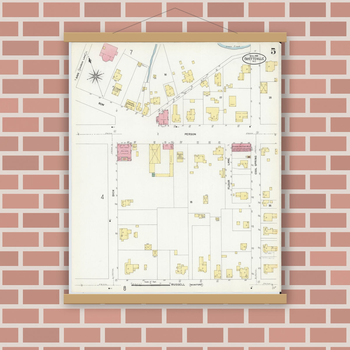 Old map wall art mockup — magnetic wood frame on brick wall — Sanborn Fire Insurance Map from Fayetteville, Cumberland County, North Carolina (1908), Sheet #0005