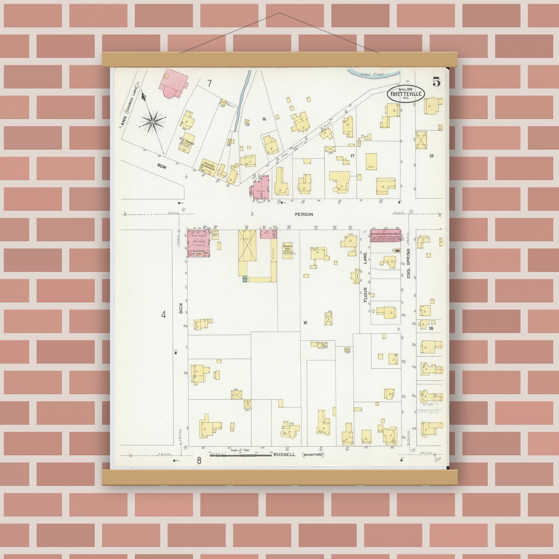 Old map wall art mockup — magnetic wood frame on brick wall — Sanborn Fire Insurance Map from Fayetteville, Cumberland County, North Carolina (1908), Sheet #0005