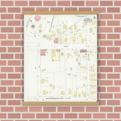 Old map wall art mockup — magnetic wood frame on brick wall — Sanborn Fire Insurance Map from Fayetteville, Cumberland County, North Carolina (1908), Sheet #0005