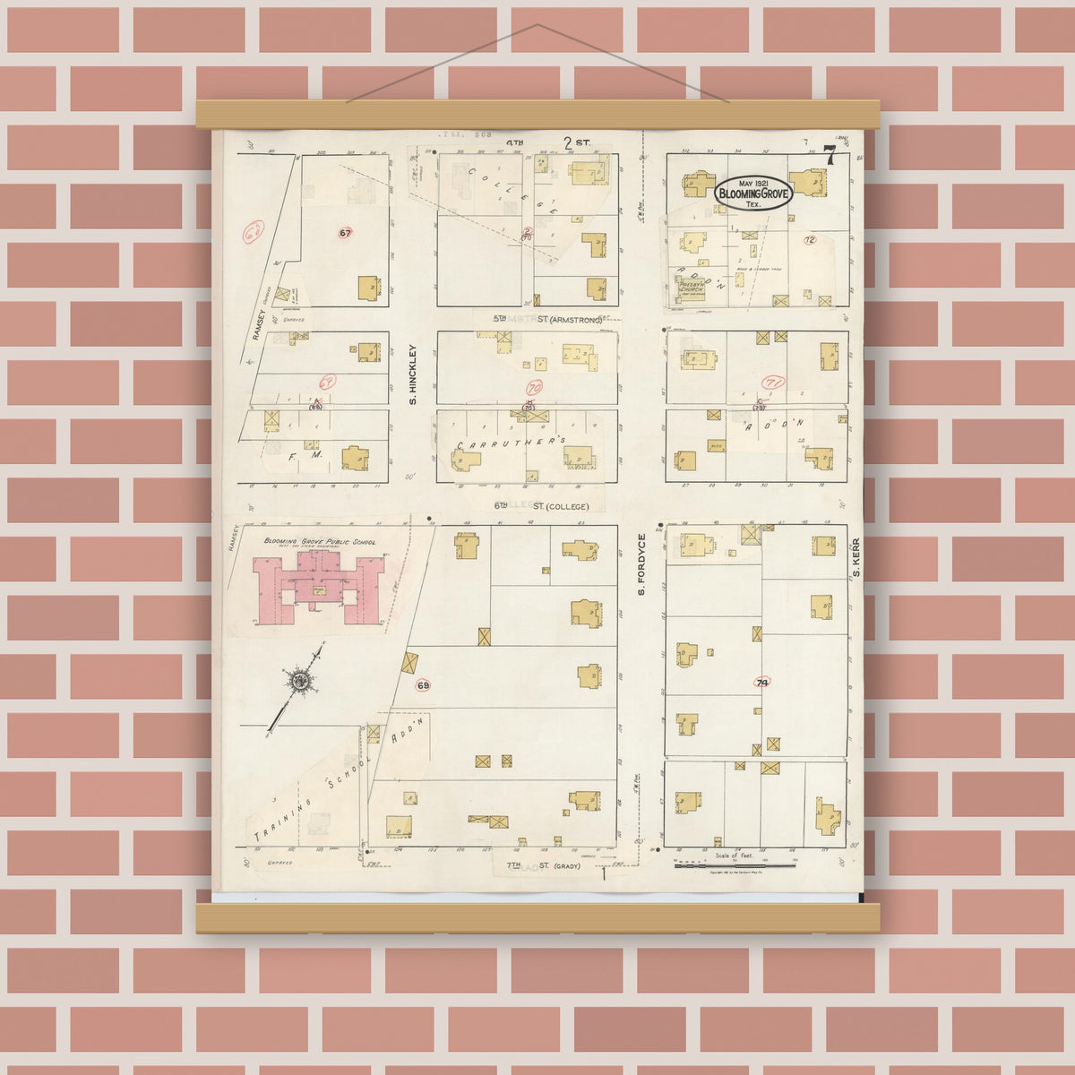 Old map wall art mockup — magnetic wood frame on brick wall — Sanborn Fire Insurance Map from Blooming Grove, Navarro County, Texas (1934), Sheet #0007